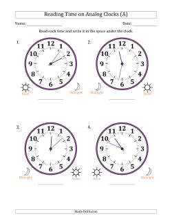 Reading 12 Hour Time on Analog Clocks in 1 Minute Intervals (4 Large Clocks)