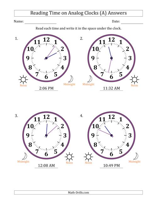 reading 12 hour time on analog clocks in 1 minute intervals 4 large clocks a