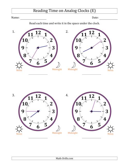 The Reading 12 Hour Time on Analog Clocks in 1 Minute Intervals (4 Large Clocks) (E) Math Worksheet