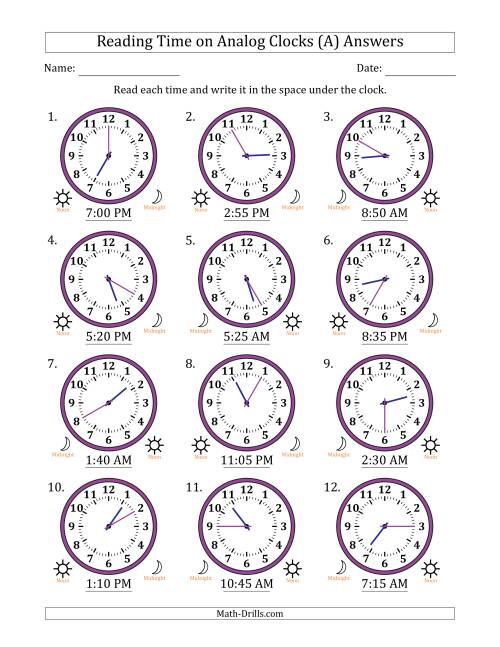 reading 12 hour time on analog clocks in 5 minute intervals 12 clocks a