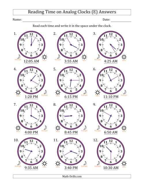 The Reading 12 Hour Time on Analog Clocks in 5 Minute Intervals (12 Clocks) (E) Math Worksheet Page 2