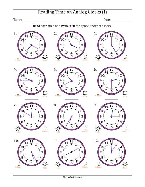 The Reading 12 Hour Time on Analog Clocks in 5 Minute Intervals (12 Clocks) (I) Math Worksheet