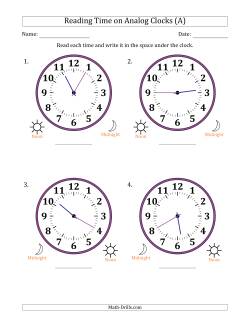 Reading 12 Hour Time on Analog Clocks in 5 Minute Intervals (4 Large Clocks)