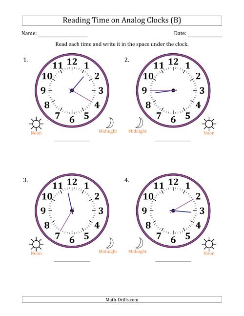 The Reading 12 Hour Time on Analog Clocks in 5 Minute Intervals (4 Large Clocks) (B) Math Worksheet