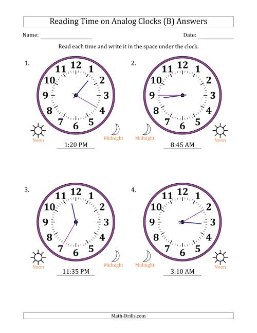 The Reading 12 Hour Time on Analog Clocks in 5 Minute Intervals (4 Large Clocks) (B) Math Worksheet Page 2
