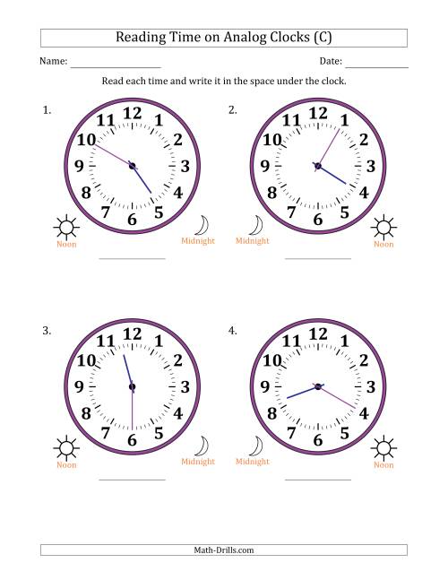 The Reading 12 Hour Time on Analog Clocks in 5 Minute Intervals (4 Large Clocks) (C) Math Worksheet