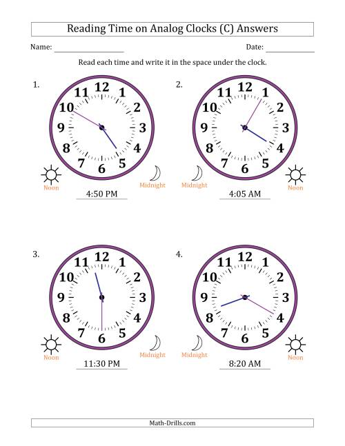 The Reading 12 Hour Time on Analog Clocks in 5 Minute Intervals (4 Large Clocks) (C) Math Worksheet Page 2