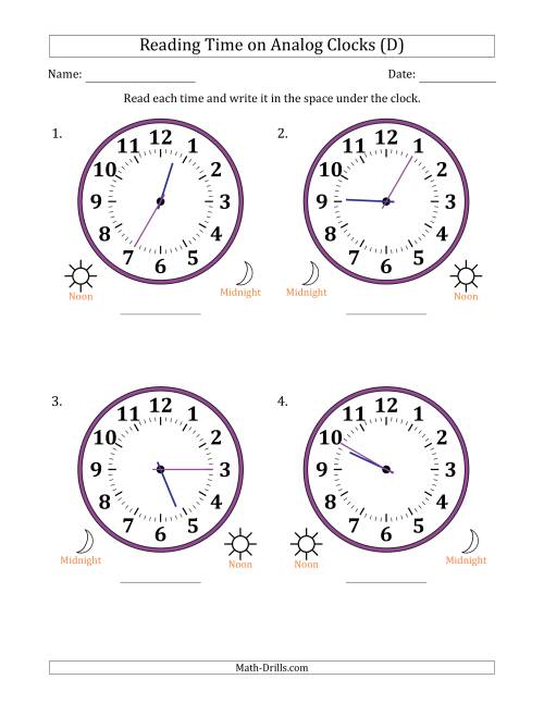 The Reading 12 Hour Time on Analog Clocks in 5 Minute Intervals (4 Large Clocks) (D) Math Worksheet