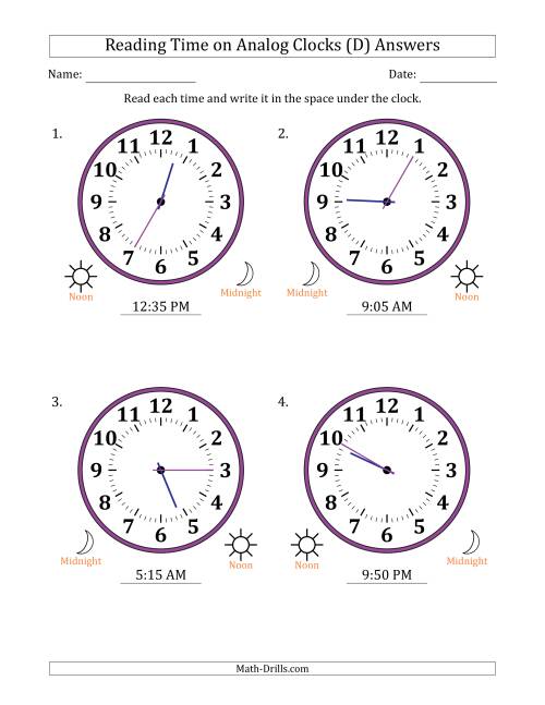 The Reading 12 Hour Time on Analog Clocks in 5 Minute Intervals (4 Large Clocks) (D) Math Worksheet Page 2
