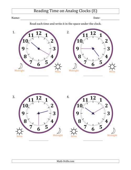 The Reading 12 Hour Time on Analog Clocks in 5 Minute Intervals (4 Large Clocks) (E) Math Worksheet