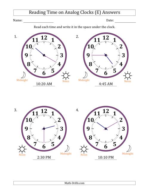 The Reading 12 Hour Time on Analog Clocks in 5 Minute Intervals (4 Large Clocks) (E) Math Worksheet Page 2