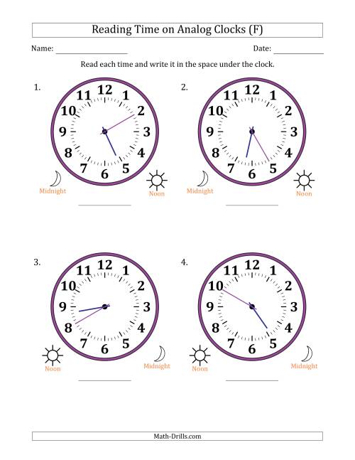 The Reading 12 Hour Time on Analog Clocks in 5 Minute Intervals (4 Large Clocks) (F) Math Worksheet
