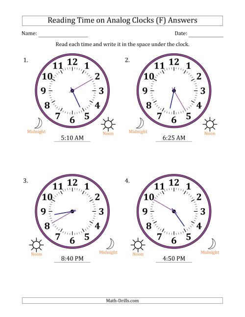 The Reading 12 Hour Time on Analog Clocks in 5 Minute Intervals (4 Large Clocks) (F) Math Worksheet Page 2