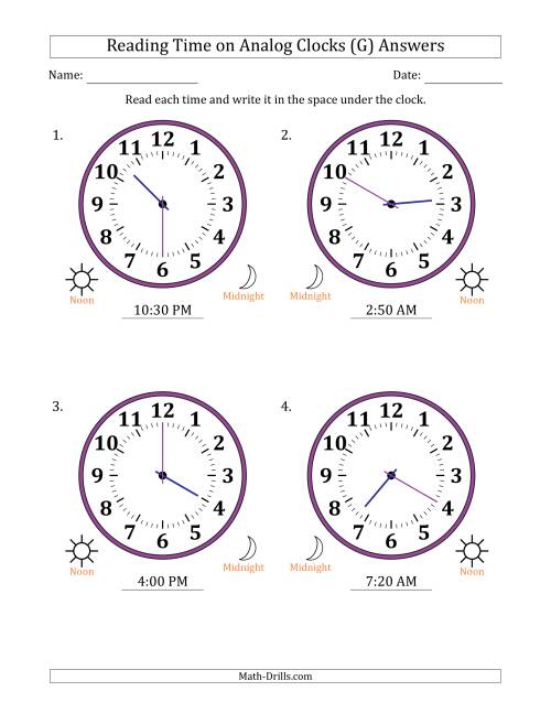 The Reading 12 Hour Time on Analog Clocks in 5 Minute Intervals (4 Large Clocks) (G) Math Worksheet Page 2