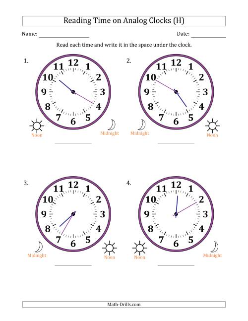 The Reading 12 Hour Time on Analog Clocks in 5 Minute Intervals (4 Large Clocks) (H) Math Worksheet