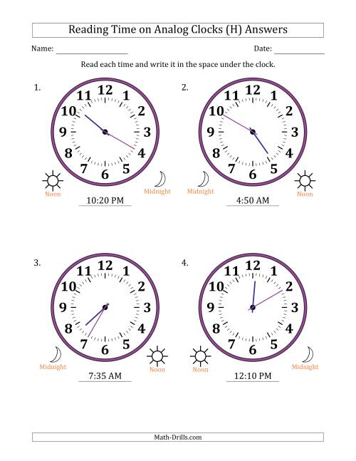 The Reading 12 Hour Time on Analog Clocks in 5 Minute Intervals (4 Large Clocks) (H) Math Worksheet Page 2