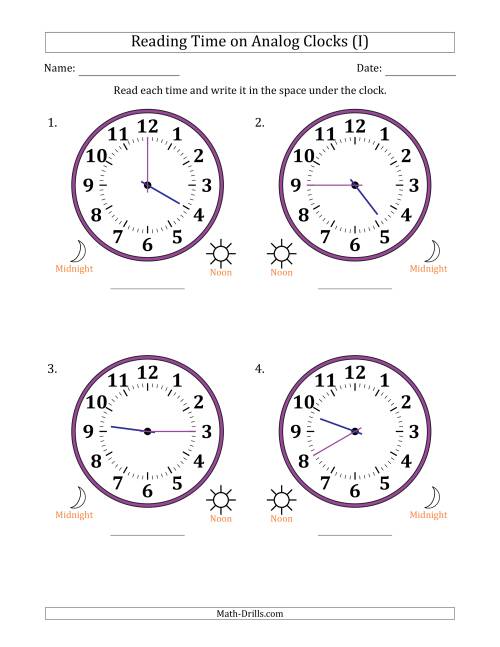 The Reading 12 Hour Time on Analog Clocks in 5 Minute Intervals (4 Large Clocks) (I) Math Worksheet