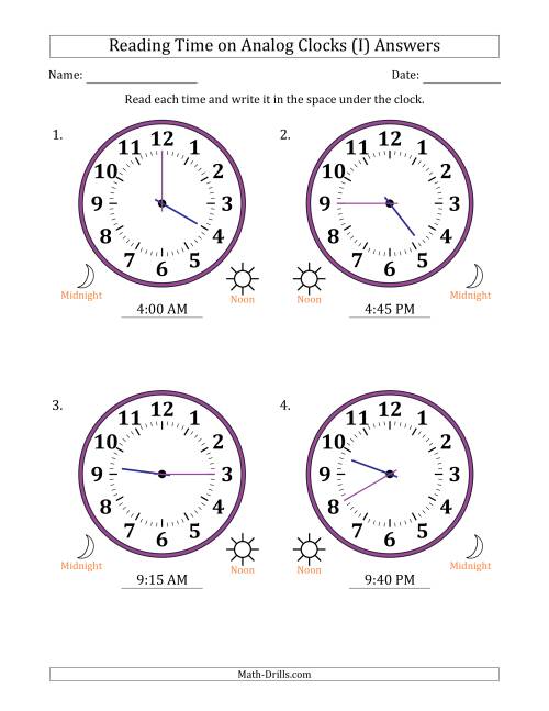 The Reading 12 Hour Time on Analog Clocks in 5 Minute Intervals (4 Large Clocks) (I) Math Worksheet Page 2