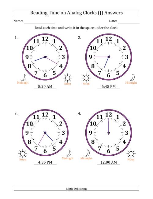 The Reading 12 Hour Time on Analog Clocks in 5 Minute Intervals (4 Large Clocks) (J) Math Worksheet Page 2