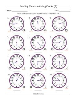 Reading 12 Hour Time on Analog Clocks in 15 Minute Intervals (12 Clocks)