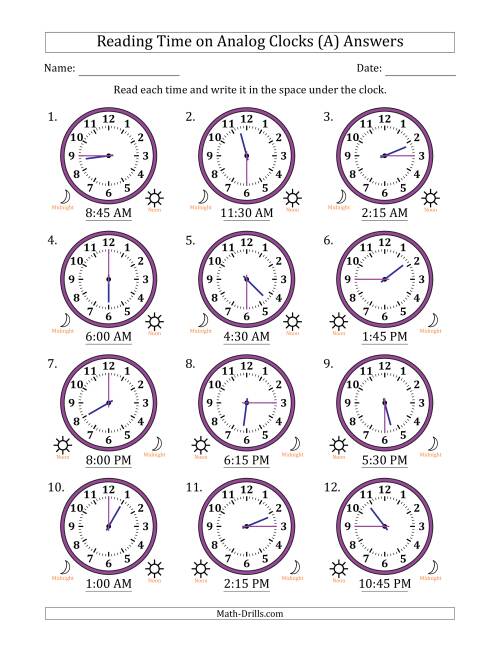 reading 12 hour time on analog clocks in 15 minute intervals 12 clocks a