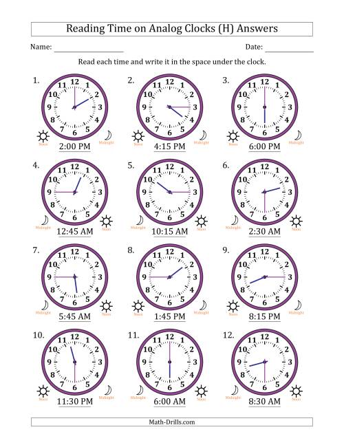 The Reading 12 Hour Time on Analog Clocks in 15 Minute Intervals (12 Clocks) (H) Math Worksheet Page 2