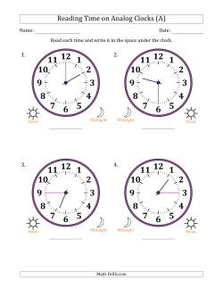 Reading 12 Hour Time on Analog Clocks in 15 Minute Intervals (4 Large Clocks)