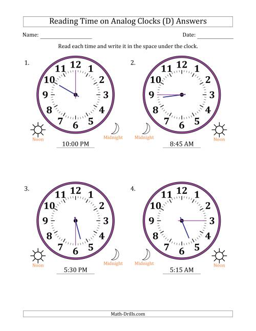The Reading 12 Hour Time on Analog Clocks in 15 Minute Intervals (4 Large Clocks) (D) Math Worksheet Page 2