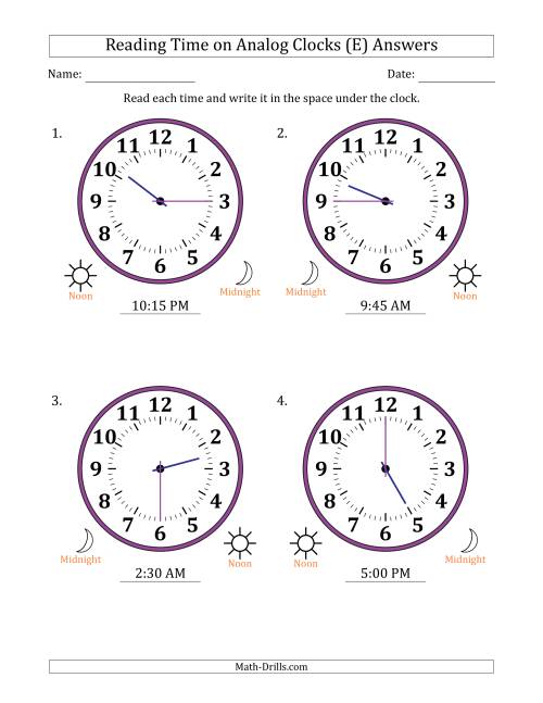 The Reading 12 Hour Time on Analog Clocks in 15 Minute Intervals (4 Large Clocks) (E) Math Worksheet Page 2