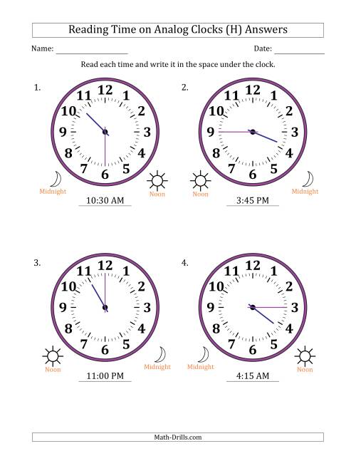 The Reading 12 Hour Time on Analog Clocks in 15 Minute Intervals (4 Large Clocks) (H) Math Worksheet Page 2