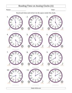Reading 12 Hour Time on Analog Clocks in 30 Minute Intervals (12 Clocks)