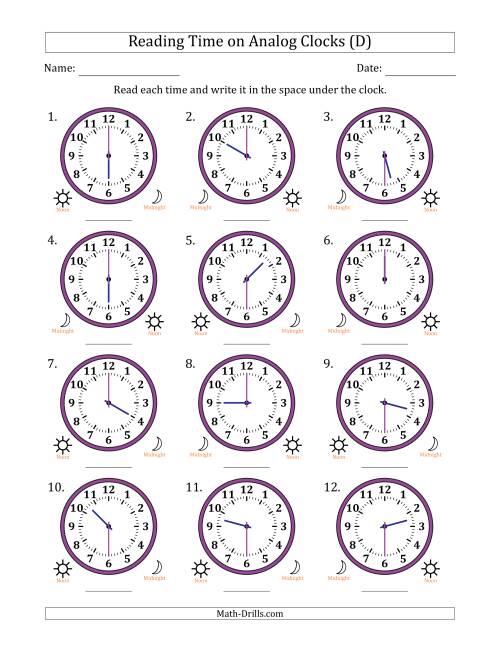 The Reading 12 Hour Time on Analog Clocks in 30 Minute Intervals (12 Clocks) (D) Math Worksheet