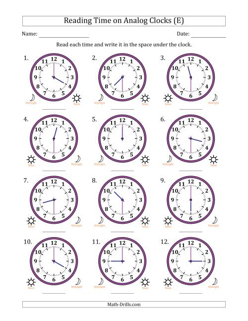 The Reading 12 Hour Time on Analog Clocks in 30 Minute Intervals (12 Clocks) (E) Math Worksheet
