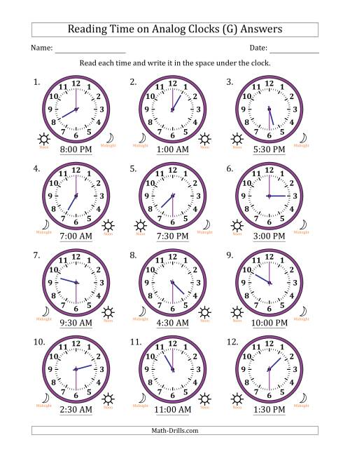 The Reading 12 Hour Time on Analog Clocks in 30 Minute Intervals (12 Clocks) (G) Math Worksheet Page 2