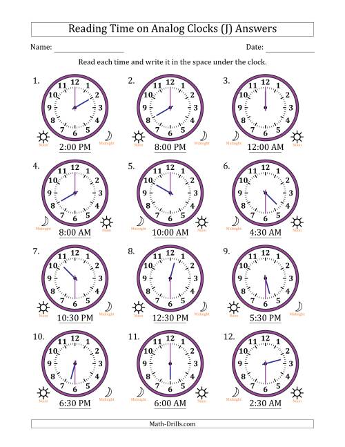 The Reading 12 Hour Time on Analog Clocks in 30 Minute Intervals (12 Clocks) (J) Math Worksheet Page 2
