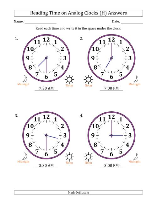 The Reading 12 Hour Time on Analog Clocks in 30 Minute Intervals (4 Large Clocks) (H) Math Worksheet Page 2