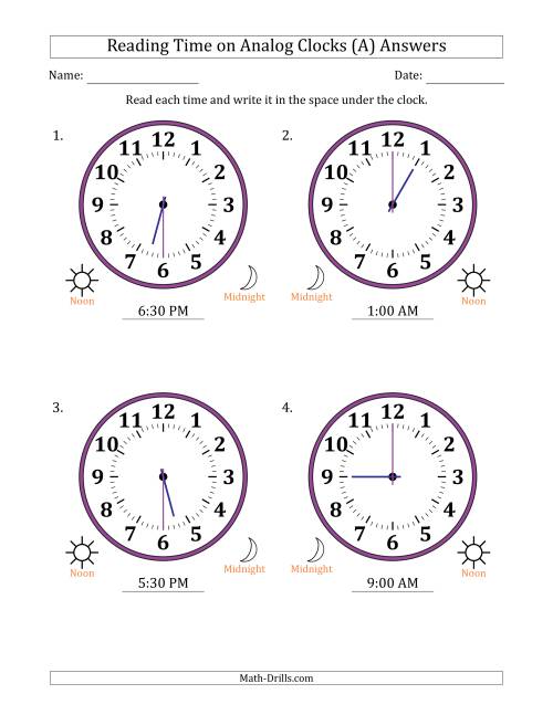 The Reading 12 Hour Time on Analog Clocks in 30 Minute Intervals (4 Large Clocks) (All) Math Worksheet Page 2