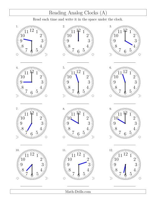 The Reading Time on 12 Hour Analog Clocks in Half Hour Intervals (Old) Math Worksheet