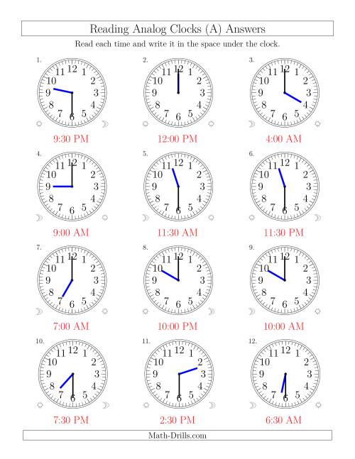 The Reading Time on 12 Hour Analog Clocks in Half Hour Intervals (Old) Math Worksheet Page 2