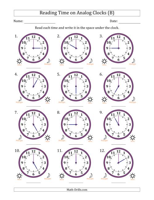 The Reading 12 Hour Time on Analog Clocks in One Hour Intervals (12 Clocks) (B) Math Worksheet