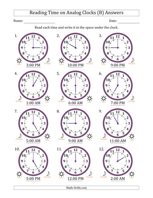 The Reading 12 Hour Time on Analog Clocks in One Hour Intervals (12 Clocks) (B) Math Worksheet Page 2