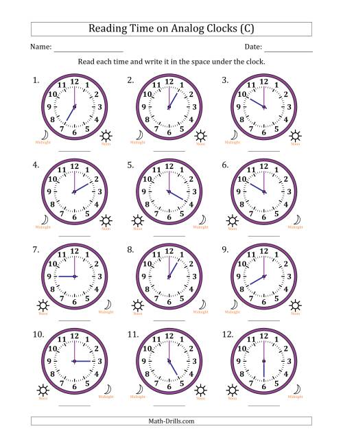 The Reading 12 Hour Time on Analog Clocks in One Hour Intervals (12 Clocks) (C) Math Worksheet