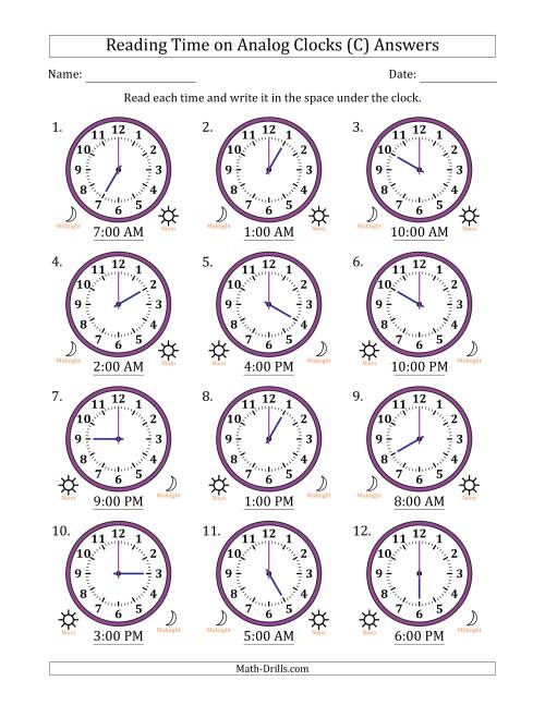The Reading 12 Hour Time on Analog Clocks in One Hour Intervals (12 Clocks) (C) Math Worksheet Page 2
