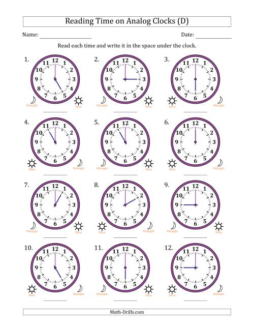The Reading 12 Hour Time on Analog Clocks in One Hour Intervals (12 Clocks) (D) Math Worksheet