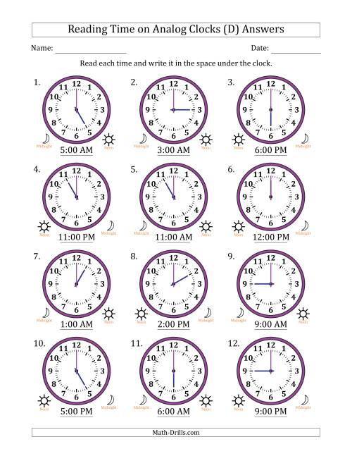 The Reading 12 Hour Time on Analog Clocks in One Hour Intervals (12 Clocks) (D) Math Worksheet Page 2