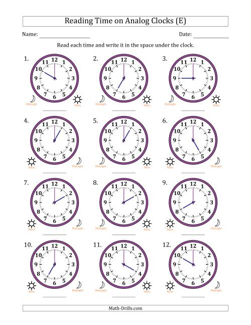 The Reading 12 Hour Time on Analog Clocks in One Hour Intervals (12 Clocks) (E) Math Worksheet
