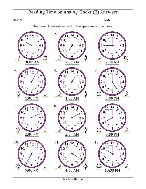 The Reading 12 Hour Time on Analog Clocks in One Hour Intervals (12 Clocks) (E) Math Worksheet Page 2