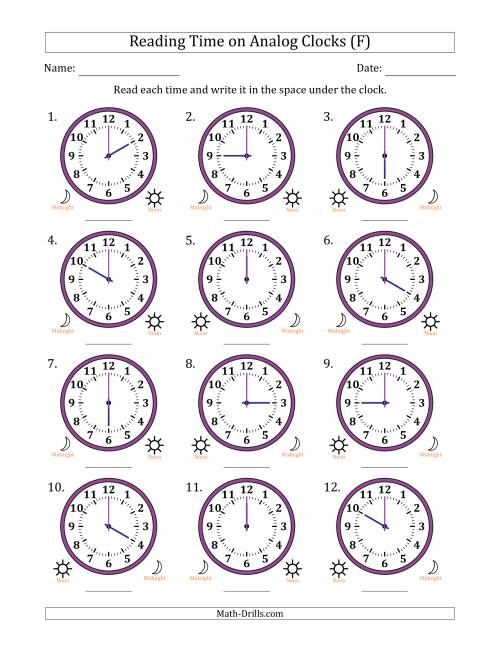 The Reading 12 Hour Time on Analog Clocks in One Hour Intervals (12 Clocks) (F) Math Worksheet