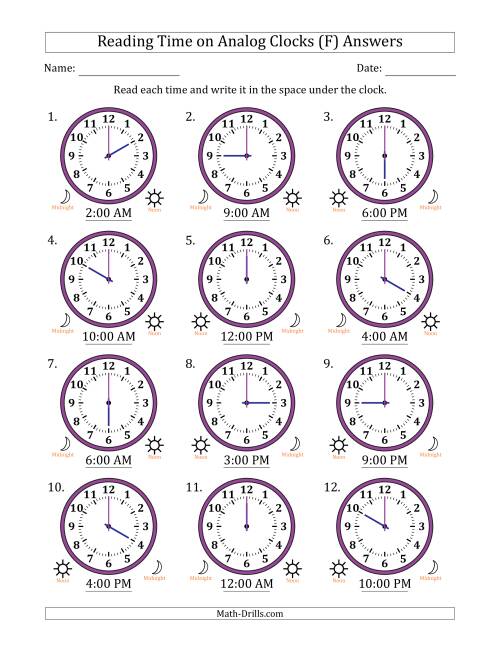 The Reading 12 Hour Time on Analog Clocks in One Hour Intervals (12 Clocks) (F) Math Worksheet Page 2