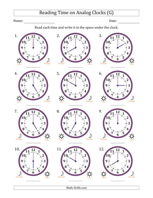The Reading 12 Hour Time on Analog Clocks in One Hour Intervals (12 Clocks) (G) Math Worksheet